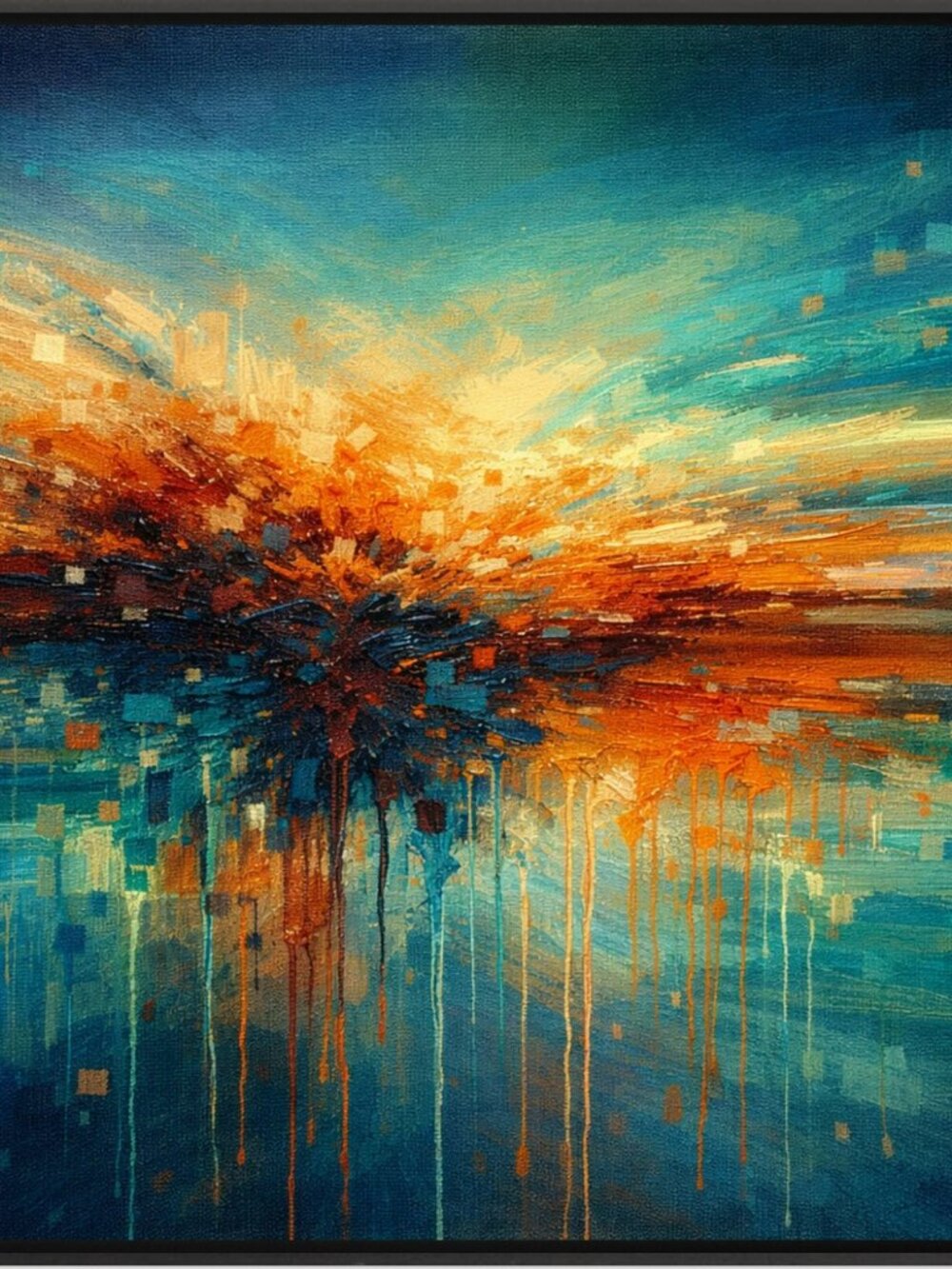 Fiery Sunset Abstract Wall Art – Orange & Teal Modern Painting Print